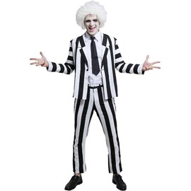 miccostumes Men's Black White Vertical Striped Horror Costume Shirt Blazer Pants with Tie(L, Black/White)