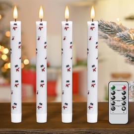 Eldnacele Christmas Taper Flameless Candles with Remote and Timer, Battery Operated 3D Wick Flickering Snowman Decal Candles Real Wax LED Candles Dinner Indoor Holiday Xmas Decor(4Pcs,0.78"×9.6"