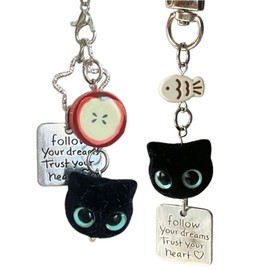 Tileafry Black Cat Phone Charm - Cute & Durable Keychain with Plush Fur - Versatile Decor for Phone, Keys, Bag, Wallet (Black Cat 05)