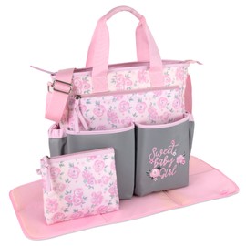 Crossbody Floral Pink Diaper Bag Tote with Changing Station for Baby Girl, 3 Piece Diaper Bag Set (Flowers)