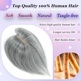Hair Toppers for Women Real Human Hair， 360° 3D Cover Hair Topper Clip in Bangs 10 Inch Realistic Scalp Pieces for Women with Thinning Crown (Gray, Side Bangs)