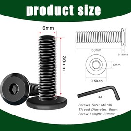 Taiss 30pcs M6 x 30mm Flat Head Socket Head Screw Furniture Bolts,Furniture Screws Stainless Steel 18-8(304),M6 Bolts Black Zinc Plated Fully Threaded,Countersunk Connector M6 Screws with Hex Spanner