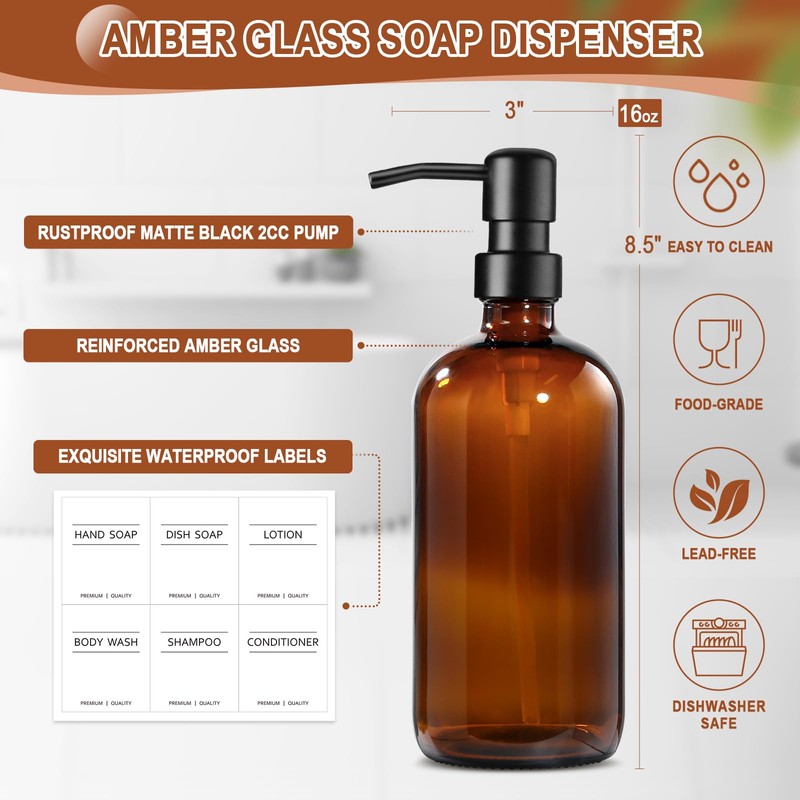 Kitchen Soap Dispenser Set with Wood Riser Tray, Amber Glass