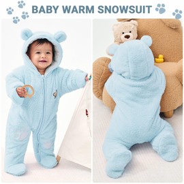 JiAmy Newborn Baby Winter Hooded Romper, Cartoon Zipper Footie Fleece Snowsuit Jumpsuit OutfitsBlue 9-12 Months
