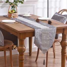 RKAAS HOME Super Soft Decorative Luxurious Diamante Crushed Ice Velvet Table Runner (Silver Grey - 32x180cm)