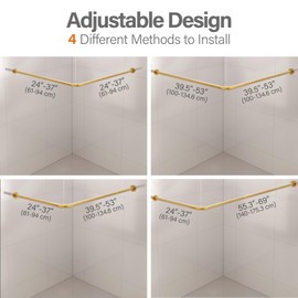 Yampos L Shaped Corner Shower Curtain Rod, 24" - 53" x 24" - 53" Adjustable 90 Degree Curved Bathroom Rod Square Rail No Sag with 12 Hooks & Ceiling Support - Gold