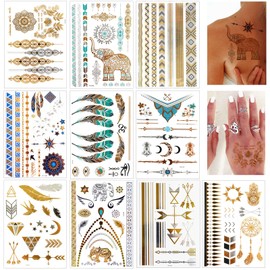 10 Blatt 130+ Festival Tattoos, Gold Tattoo, Klebetattoos Erwachsene, Tatoo Temporäre Damen zum Aufkleben Klebetattoos Festival Zubehör, Gesichtstattoo Karneval Accessoires für Party