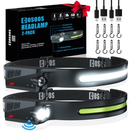 COSOOS Original 2 Rechargeable Headlamps, Bright LED Headlamp Flashlight 1000 Lumen, 230 ° Wide Beam & Spot Light, Motion Sensor, 2.4 oz Head Lamp with Clips for Hardhat, Camping, Hiking