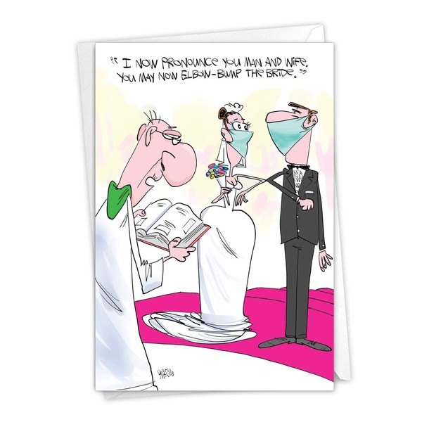NobleWorks - 1 Wedding Congratulations Card - Funny Cartoon Ceremony, Love and Caring Notecard - Elbow Bump C9175WDG