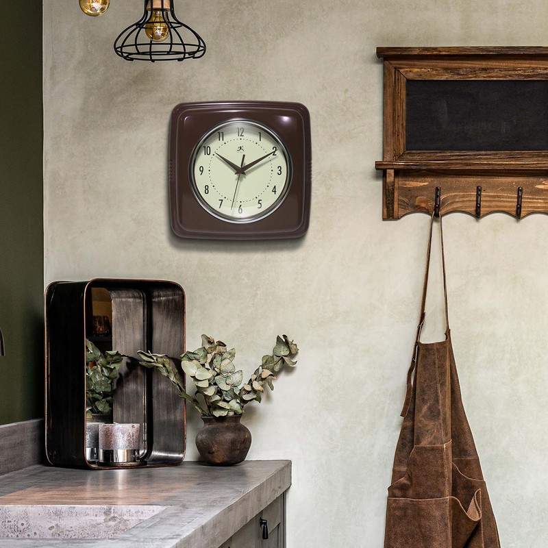 Infinity Instruments Square Retro Wall Clock, Mahogany, 9.25"