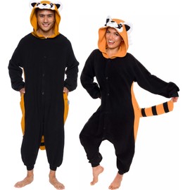 Unisex Adult Pajamas - Plush One Piece Cosplay Red Panda Animal Costume - Silver Lilly (Black / Orange, Large)