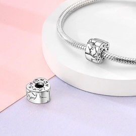 CYCUFF Clip Spacer Charm for Bracelet 925 Sterling Silver Pave Cubic Zirconia Clip Clasp Stopper Bead Charm Gift for Women Girls, Sterling Silver