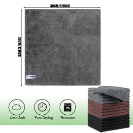 HIDMD Microfibre Cleaning Cloth, Microfiber Reusable Cleaning Cloths Washable Cloth, Pack of 15, Grey Black Brown, 30cm x 30cm