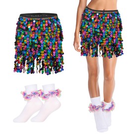 Gold Sequin Skirt Sparkly Belly Dance Glitter Rave Sparkle Tassel Fringe Hip Scarf Women Wrap Sparkling Skirts for Festival (US, Alpha, One Size, Regular, Regular, Colour-Black)