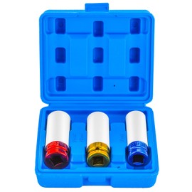 DASBET 3PCS Lug Nut Impact Socket Set 1/2 Inch Drive Impact Wheel Nut Socket Set Thin Wall Deep Wheel Protector Socket Set 6 Point, Metric 17mm, 19mm, 21mm