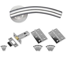 IRONZONE® A Pair of Quality Curved Lever on Rose Door Handles with Hinges and Latch Door Pack Satin Stainless Steel, for Internal Wooden or Oak Doors, Residential and Commercial Projects