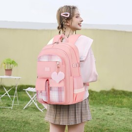 qodbopack School Backpack For Student Women College Middle High Teen Girls Bookbag Waterproof Laptop Bag Plaid Pink