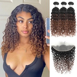 Anmetan Ombre Human Hair Bundles with Frontal Water Wave, #T1B/2/30 Chestnut Ombre Brown Wet and Wavy Curly 3 Bundles and 13x4 HD Lace Frontal Ear to Ear 14/16/18+14 Inch Free Part 100 Remy Human Hair