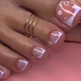 Short Press on Toenails Purple French Toe Nail Press ons Square Fake Tonails with 3D Flower Rhinestones Designs Nude False Toenails Glossy Acrylic Toenails Spring Stick on Toenails for Women 24Pcs