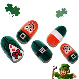 Green Press on Nails Medium Square, GLAMERMAID Glue on Nails for St Patricks Day Gift | False Nail Kits with Shamrocks Leprechauns Design, Fake Nails Short, Acrylic Stick on Nails Sets for Women Gift