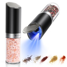 Sangcon Gravity Electric Salt and Pepper Grinder Set with Dust Cover, XL CAPACITY, Battery Operated(4 AAA), Adjustable Coarseness, One Hand Automatic Salt and Pepper Shakers Set Mill with LED Light
