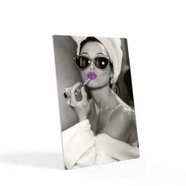 HB Art Design Audrey Hepburn Style Wall Art Purple Lips Metal Print Lipstick Makeup Iconic Pop Art Glam Fashion Black and White Wall Art Bedroom Vanity Decoration Artwork Gift for Women - 30x20