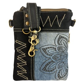 Sunsa Women's Shoulder Bag. Sustainable Canvas Recycled Jeans & Leather Crossbody Bag in Vintage Style/Mandala. Small Shoulder Bag for Women/Girls, Blue/black