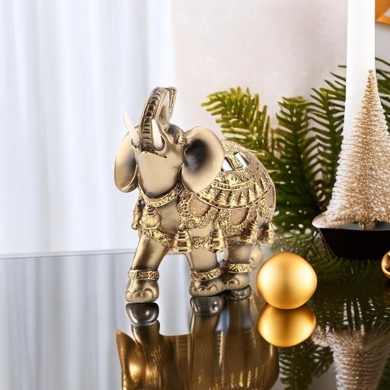 Moncer Elephant Statue, Feng Shui Lucky Elephant Figurine, Golden Elegant
