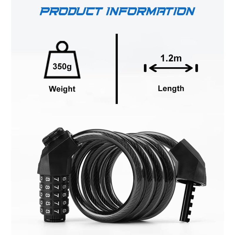 Byking Bike Lock Cable, Combination Bicycle Lock 5 Digit 1.2m