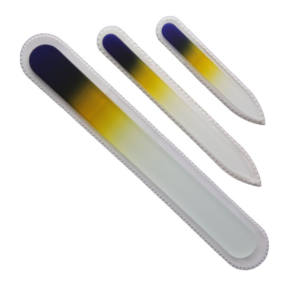 Set of 3 ~ Cobalt Blue/Yellow ~ Genuine Czech, Etched, Crystal Glass Nail Files Double Sided Small, Medium, Large Pedicure file by iDiva