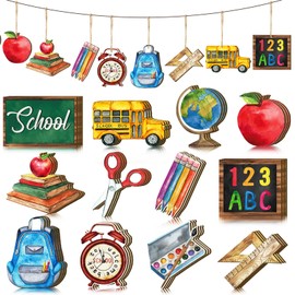 Purpeak 36 Pcs Back to School Hanging Ornaments Wooden Back to School Tree Decorations Book Pencil Bulletin Board Cutouts Wood Pendant Ornament for Tree Classroom Window Party Decor(Stylish Style)