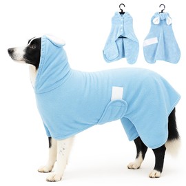 Fnaobai Pet Bathrobe Towel Dog Cat Drying Coat Super Absorbent Cute Dogs Bath Towel Hooded Robe Adjustable Collar & Belly Strap for XSmall to XLarge Pets (Blue, Large)