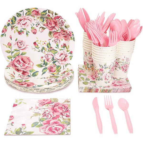Floral Party Supplies, Paper Plates, Napkins, Cups and Plastic Cutlery (Serves 24, 144 Pieces)
