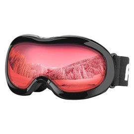 Kids Ski Goggles, Snowboard Goggles - AKASO Snow Goggles for Youth, Kids & Teenagers, Anti-Fog, 100% UV Protection, Double-Layer Spherical Lenses, Helmet Compatible (Black Frame/Red Lens(VLT 16.5%))