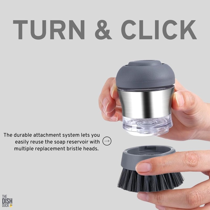 THE DISH DUCK Soap Dispensing Scrub Brush,Palm Sized, Single, Grey