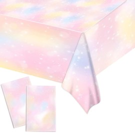 Xinfin Rainbow Tablecloths, 137 x 274 cm, Disposable Tablecloth, Waterproof Plastic Tablecloths, Party Decorations, Pastel Party Accessories for Birthday, Wedding Party (2 Pieces, Pastel Rainbow)