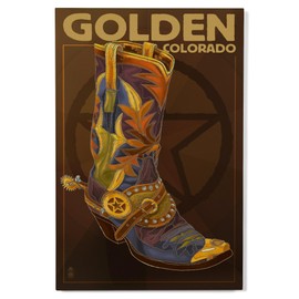 Lantern Press 12x18 Inch Premium Wood Sign, Ready to Hang Wall Decor, Golden, Colorado, Boot and Star