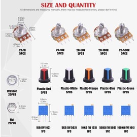 Hilitchi 30 Pcs Complete Models Potentiometer Assortment Kit with 1K-500K Ohm Knurled Shaft 3 Terminals Linear Taper Rotary Potentiometer w Knob Nuts and Washers and 5 Values Trimmer Potentiometer