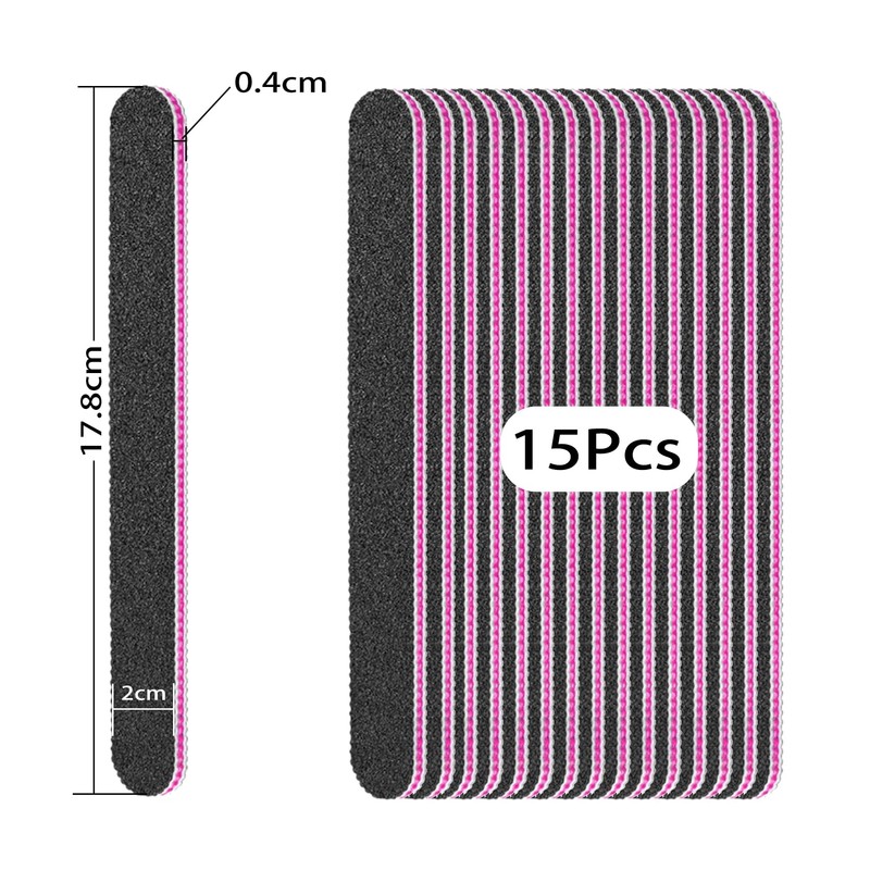 Eupneicu Nail File Set, 15-Piece, Double-Sided 100/180 Grit, Black, Suitable