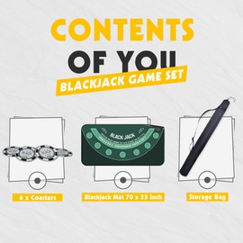 iEsstros Blackjack Mat 70" x 35" Blackjack Table Top Mat 21 Black Jack Mat for Casino Table Rubber Poker Mat with Storage Bag 6 Coasters for Casino Games -Green