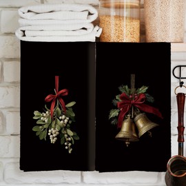 CUANFDDSF Dark Moody Christmas Kitchen Towels Set of 2, Coquette Red Bow Xmas Bell Mistletoe Decoration Tea Towel Kitchen Hand Towels for Bathroom, Christmas Bathroom Decor, 16x24 Inch