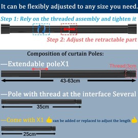 Curtain Pole Black Curtain Rods Extendable Curtain Rod Adjustable Length with Cap Knobs for Dining Room, Bedroom, Living Room or Kitchen, 60-135 cm, Black