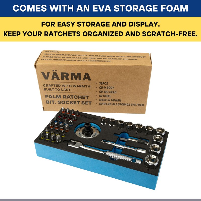 VÄRMA 38-Piece Tool Set, Includes Dual-head Palm Ratchet, Screwdriver Bits,