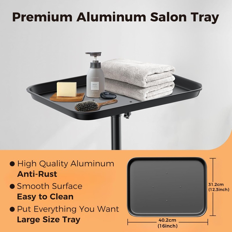 36" Salon Tray on Wheels Black, Adjustable Height Tattoo Tray