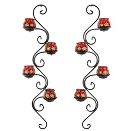 CHAQABONNIE Decorative Rustic Wall Sconce Set of 2, Hand Painted Tealight Candle Holders, Wrought Iron Frame & Stained Glass, Red