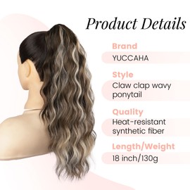 YUCCAHA Claw Clip Ponytail Extension 18 Inch Curly Wavy Ponytail Extension Jaw Clip on Pony Tails Hairpiece for Women Fluffy Natural Synthetic for Daily Use (Chocolate Brown with Blonde Highlights)