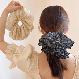 Jseng 2PCS Extra Large Scrunchies for Hair, Boho Floral Hair Ties, Beige and Black