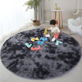 OMGREAT 120cm Round Rug Circle Dark Grey Rug for Kids Room, Plush Fuzzy Rug for Teen's Room, Shaggy Circular Rug for Nursery Room, Modern Furry Carpet Cute Room Decor for Baby