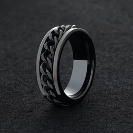Adreamz 8mm Mens Women Black Chain Spinner Ring- Black Spinning Anxiety Ring for Men - High Polished Stainless Steel Anti Anxiety Ring for Stress Relief - Spin Rotating Mens Fidget Ring 9.5