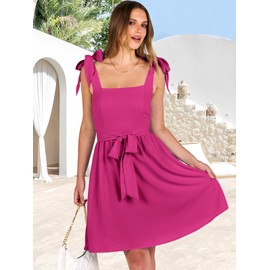 ANRABESS Women's Sleeveless Tie Strap Mini Dress Summer Square Neck Smocked A Line Swing Elegant Cute Cocktail Short Dresses Hot Pink Large